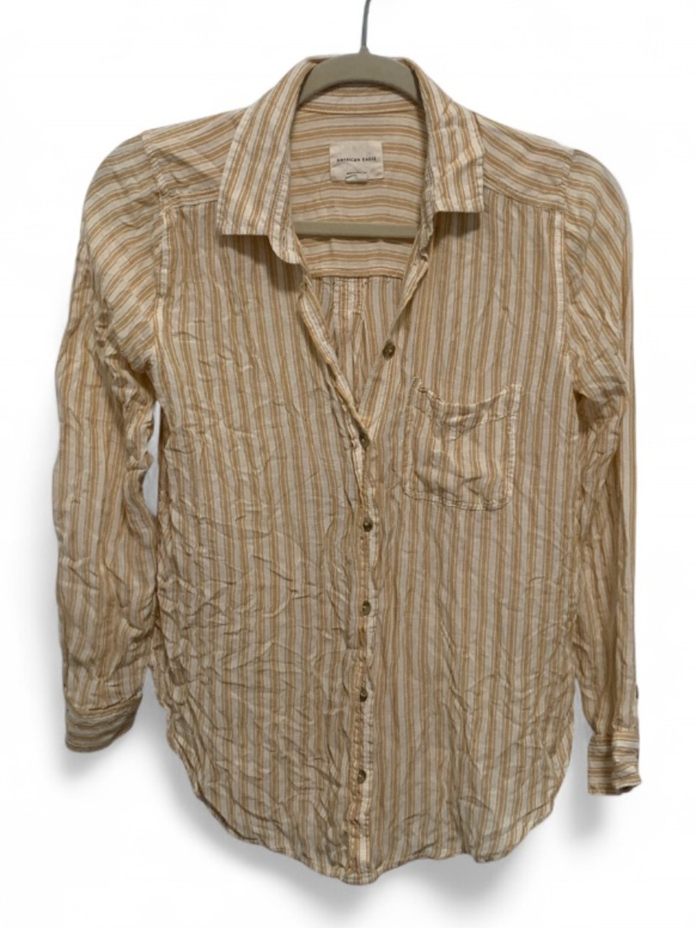 American Eagle Outfitters Tan and White Striped Button-Down Shirt